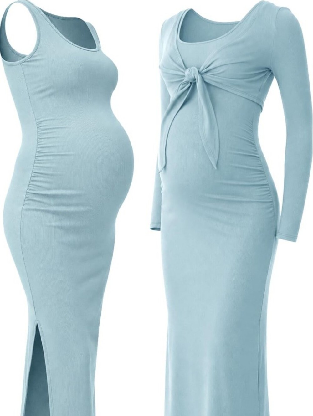 2 Pc Maternity Ribbed Bodycon Maxi Dress Cropped Cardigan Set Side Slit Ruched